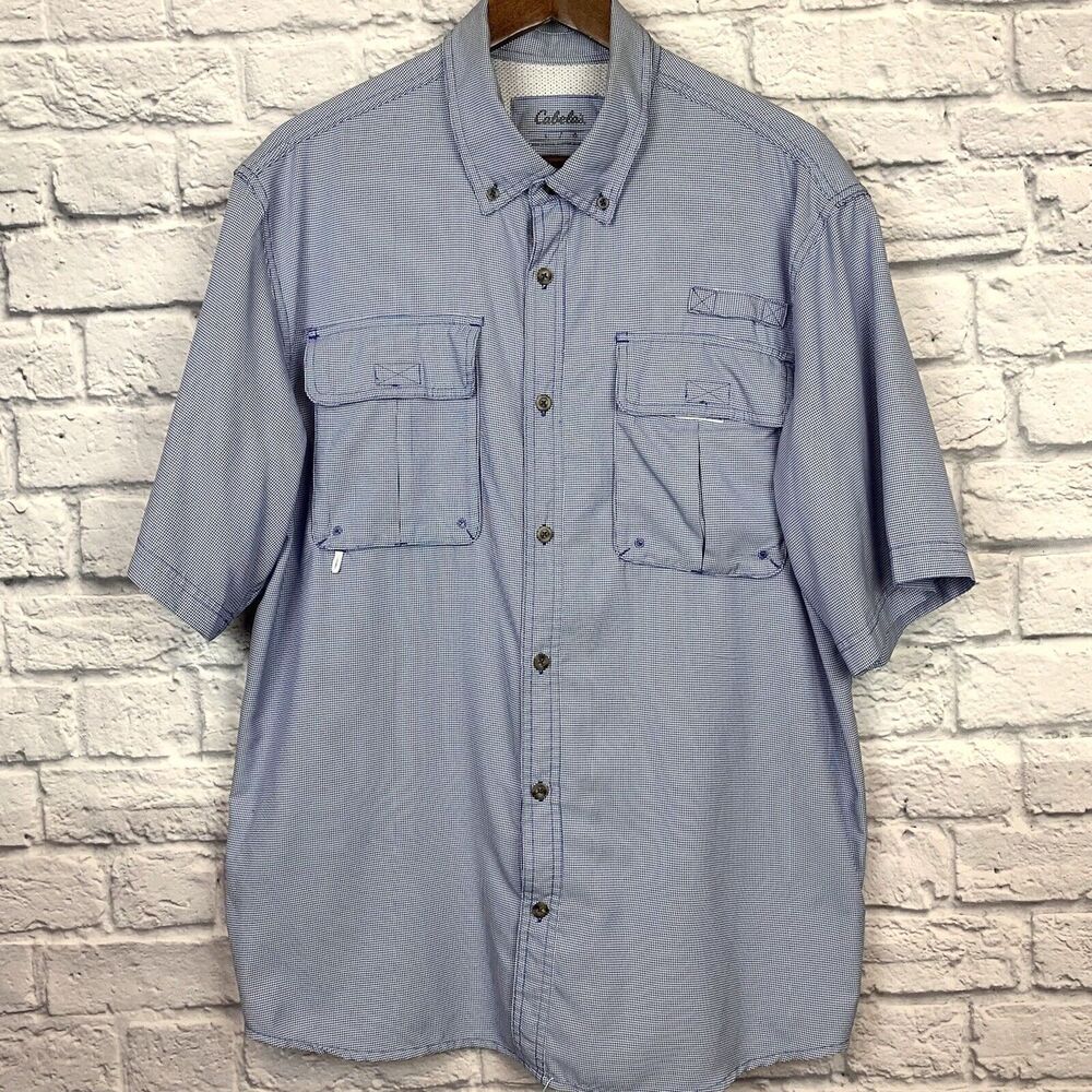 Cabelas Mens Fishing Shirt 4 Most UPF 30 Vented Blue White Houndstooth Large L‎